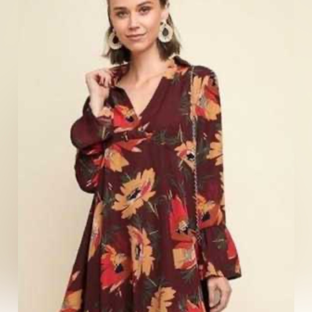 Umgee Boho Floral Tunic Dress Burgundy Small